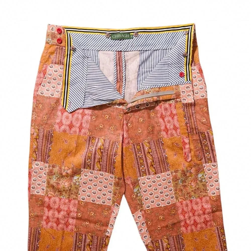 Mens 36 Gurkha Pants Orange Patchwork Floral Flat Front Straight Fit Trousers - Picture 4 of 8